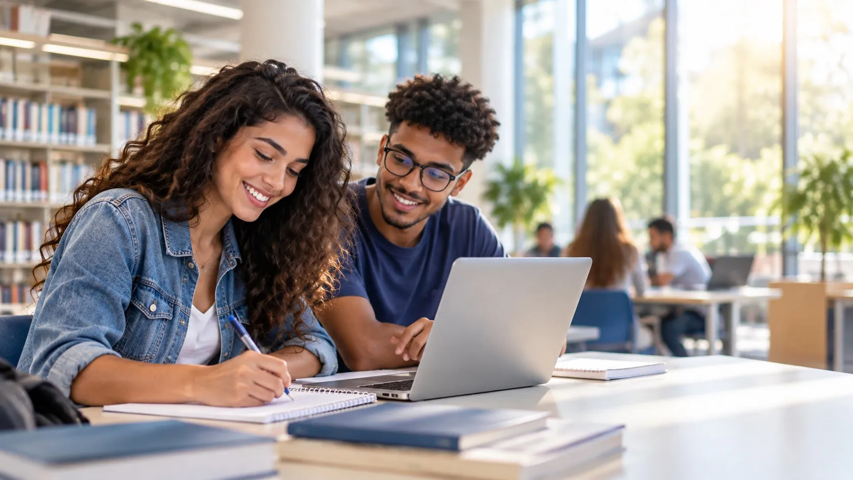 Estudantes colaborando em uma biblioteca universitária