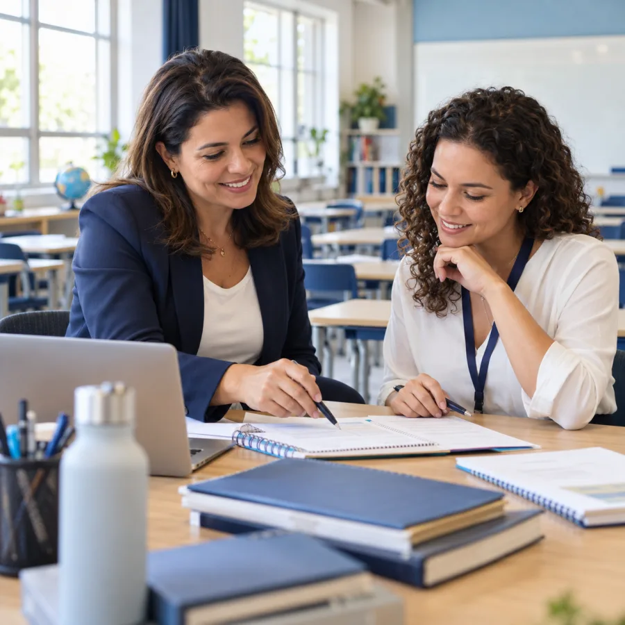 Cena ilustrativa de diretora e professora planejando a rotina de uma escola